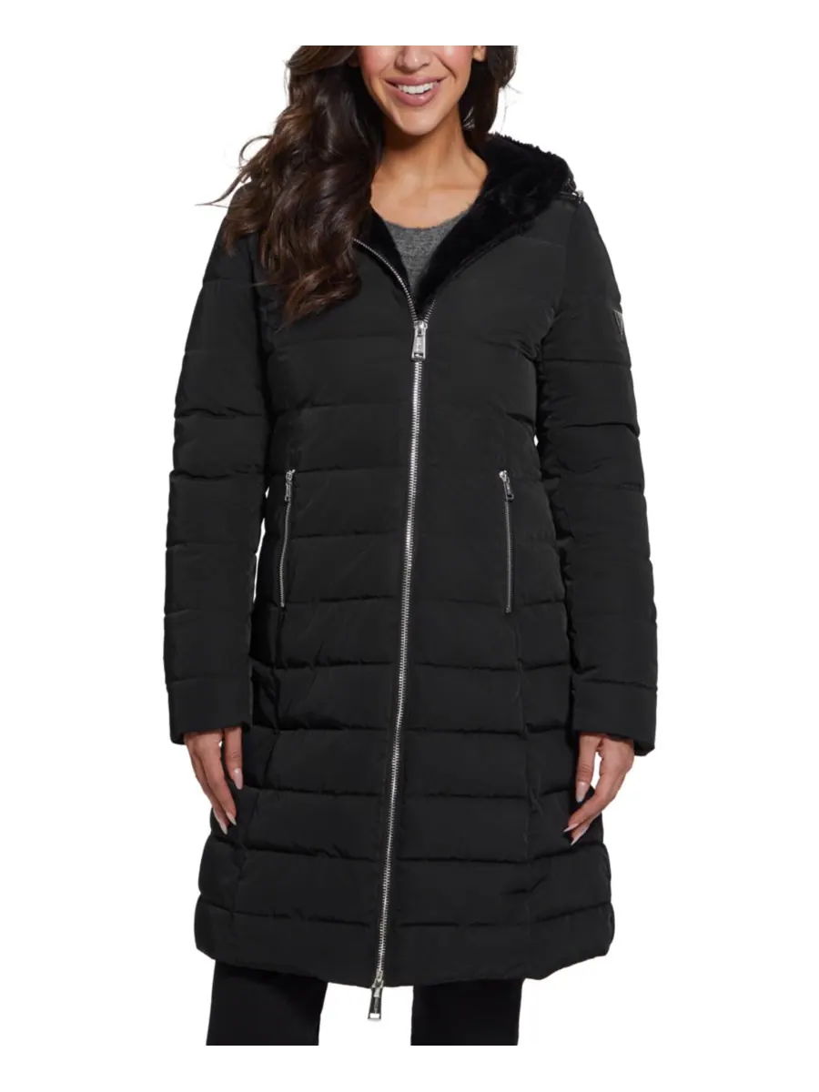 Женское пуховое пальто с капюшоном и подкладкой из искусственного меха GUESS