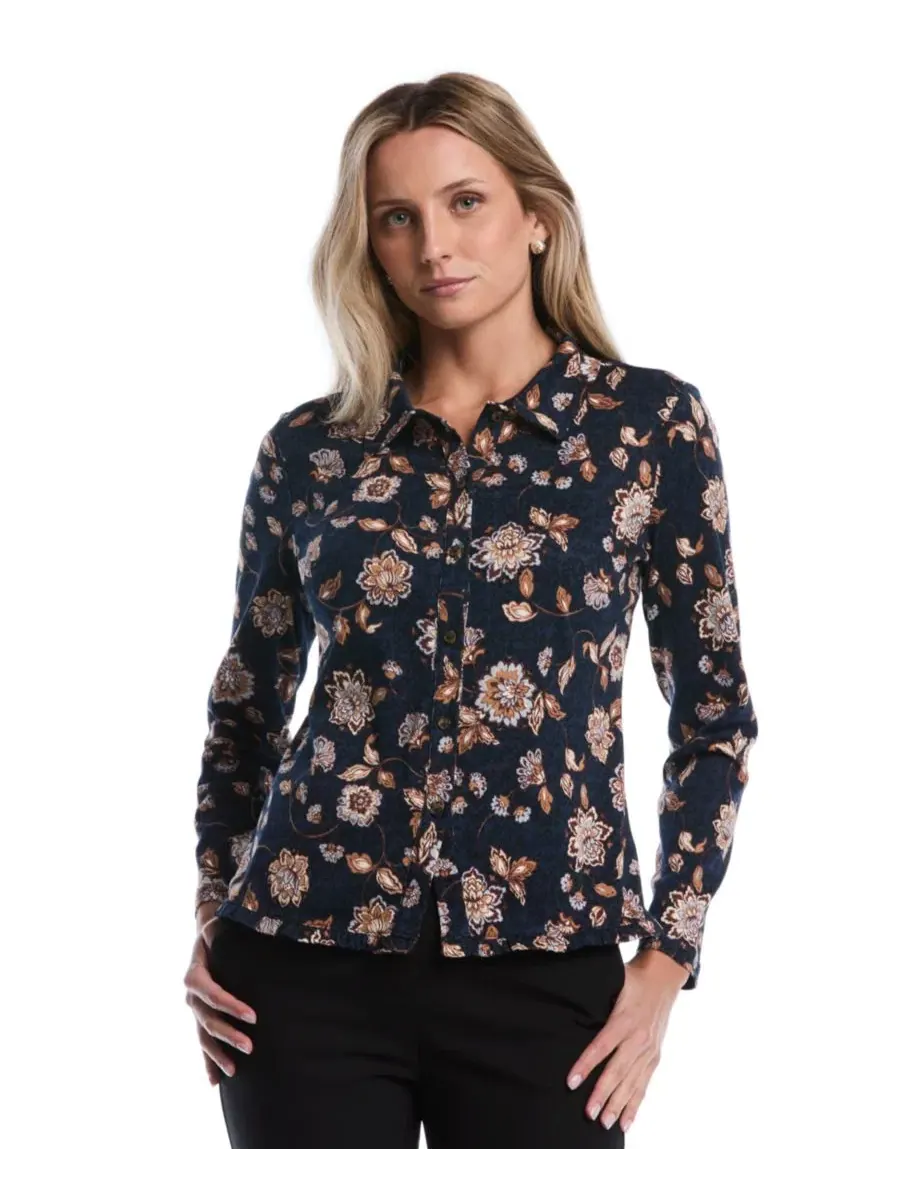 Блузка с длинным рукавом с цветочным принтом и рюшами, Petite Floral Ruffle-Trim Long-Sleeve Blouse