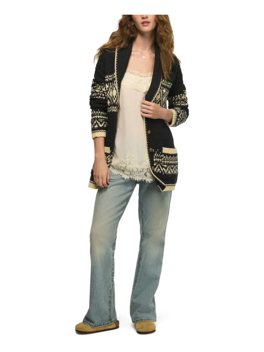 Кардиган с шальным воротником, узором Fair Isle Lucky Brand — изображение 2 из 5, черный