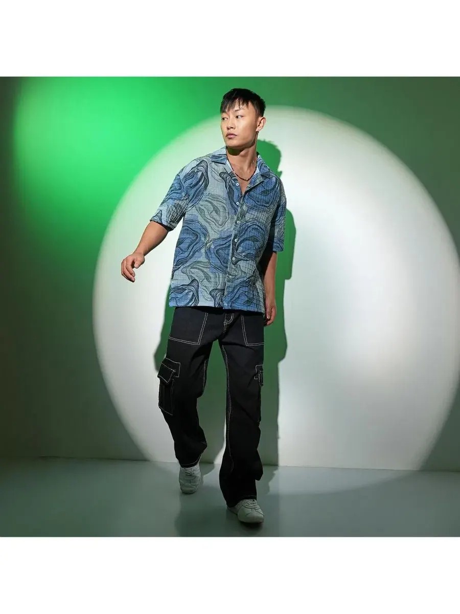Мужская рубашка оверсайз с коротким рукавом и принтом Oceanic Oversized Shirt Campus Sutra — изображение 4 из 7, синий