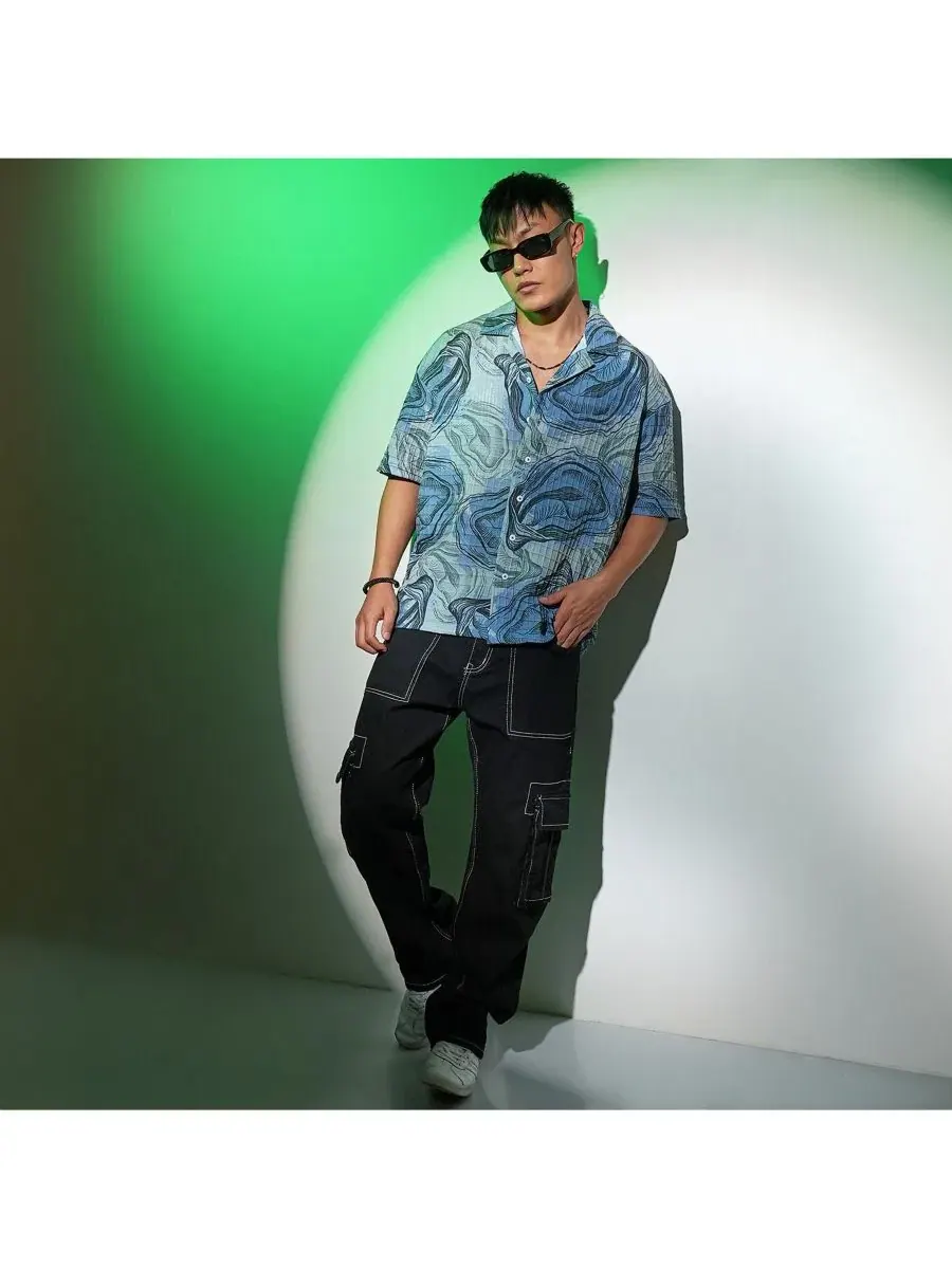 Мужская рубашка оверсайз с коротким рукавом и принтом Oceanic Oversized Shirt Campus Sutra — изображение 6 из 7, синий