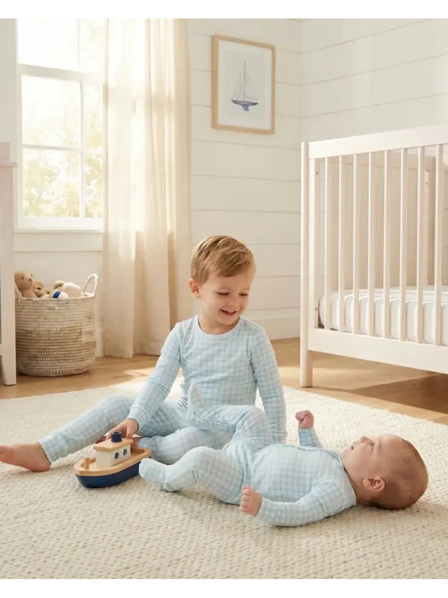 Детский слип-пижама с принтом Coastal Check Motette — изображение 5 из 6, светлый синий белый