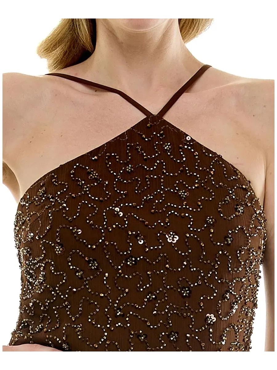 Платье мини с принтом и бисером, модель Floral Beaded Chiffon Halter Neck Flared Mini Dress RARE — изображение 3 из 5