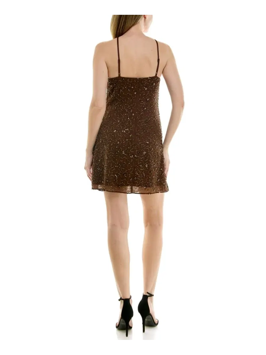 Платье мини с принтом и бисером, модель Floral Beaded Chiffon Halter Neck Flared Mini Dress RARE — изображение 4 из 5