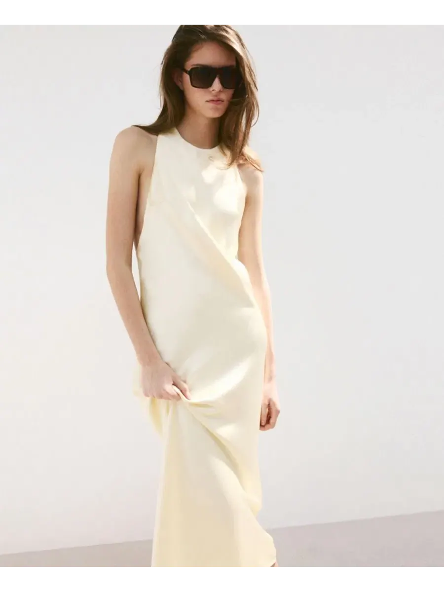 Платье из атласа с открытой спиной Back Detail Satin MANGO — изображение 2 из 7, желтый