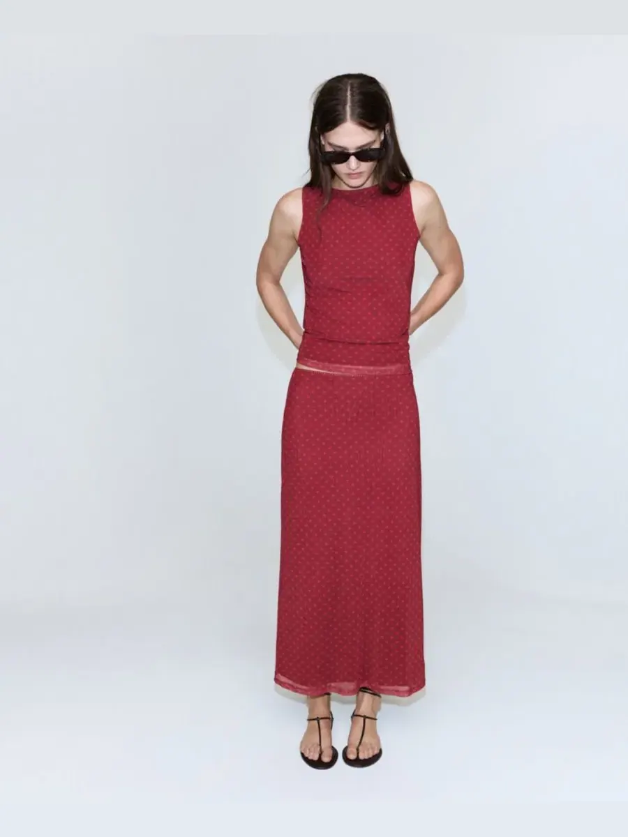 Юбка из фатина с принтом Polka Dot Midi Midi MANGO — изображение 2 из 6, красный