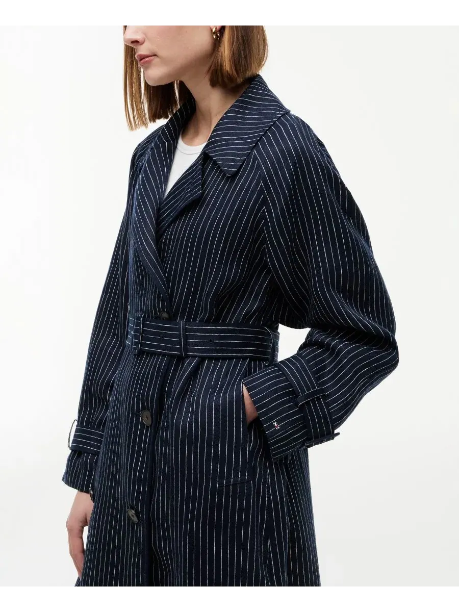 Пальто-тренч из льна с принтом в полоску Nautical Stripe Trench Coat Tommy Hilfiger — изображение 2 из 7, темно-синий