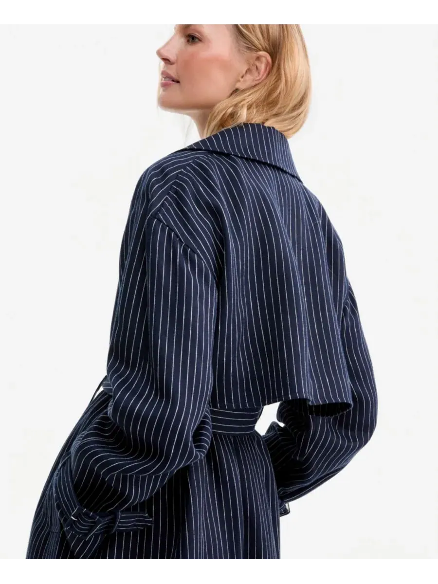 Пальто-тренч из льна с принтом в полоску Nautical Stripe Trench Coat Tommy Hilfiger — изображение 3 из 7, темно-синий