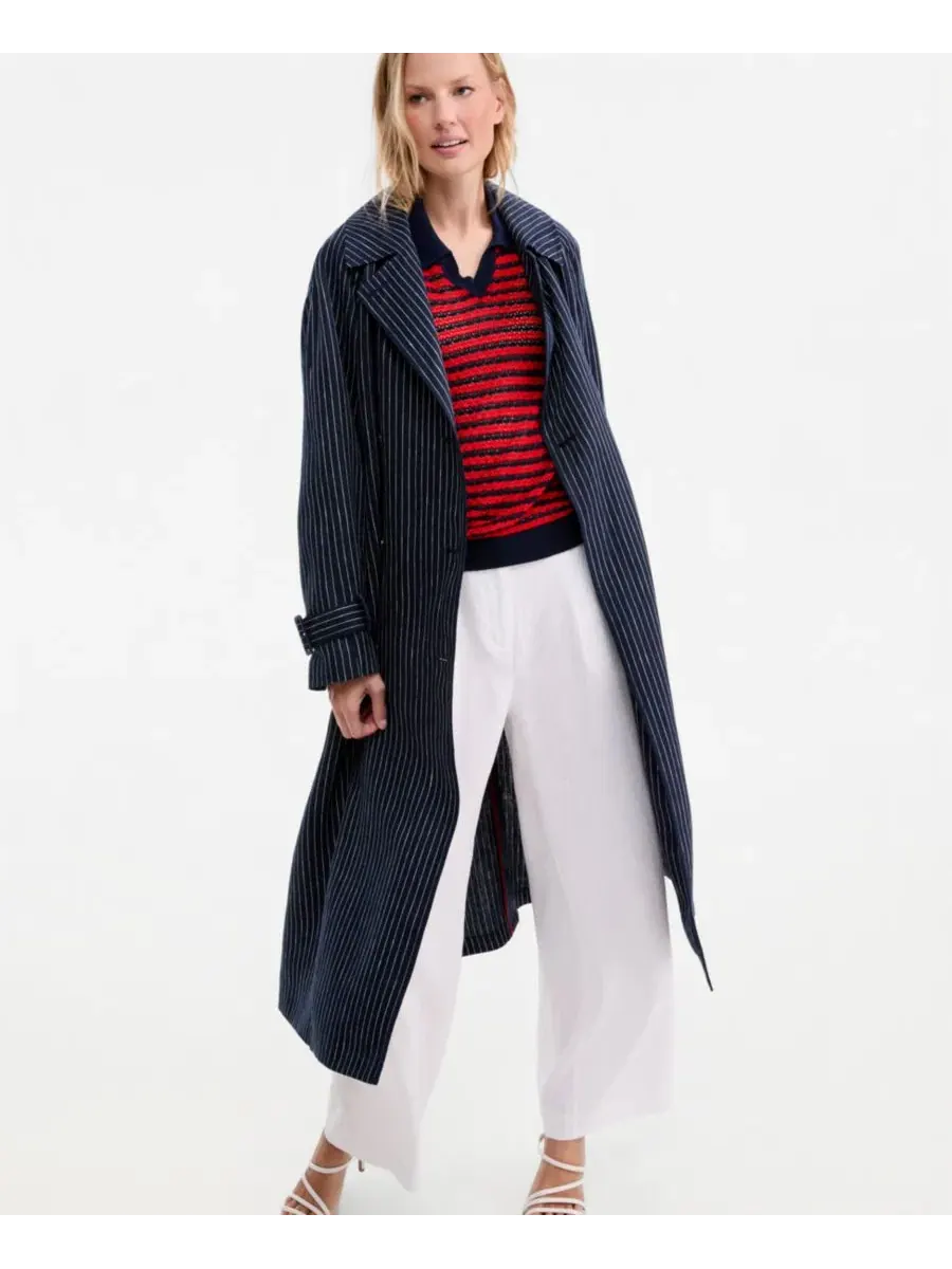 Пальто-тренч из льна с принтом в полоску Nautical Stripe Trench Coat Tommy Hilfiger — изображение 4 из 7, темно-синий