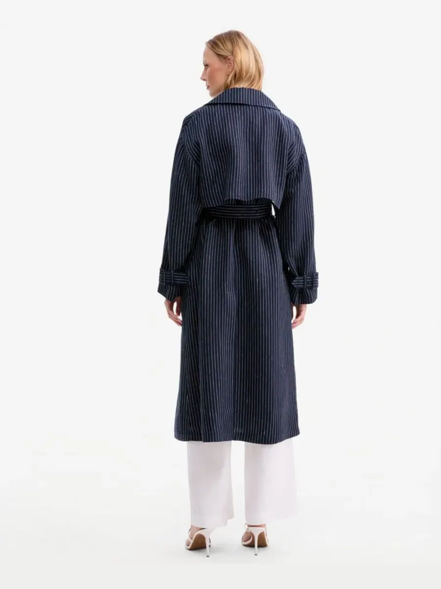 Пальто-тренч из льна с принтом в полоску Nautical Stripe Trench Coat Tommy Hilfiger — изображение 5 из 7, темно-синий