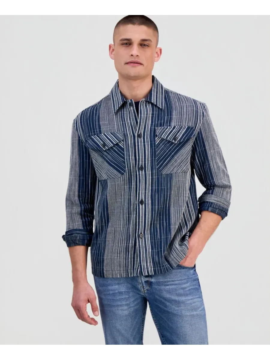 Мужская хлопковая рубашка с длинными рукавами Atlas Linear Jacquard GUESS — изображение 2 из 4, индиго мульти