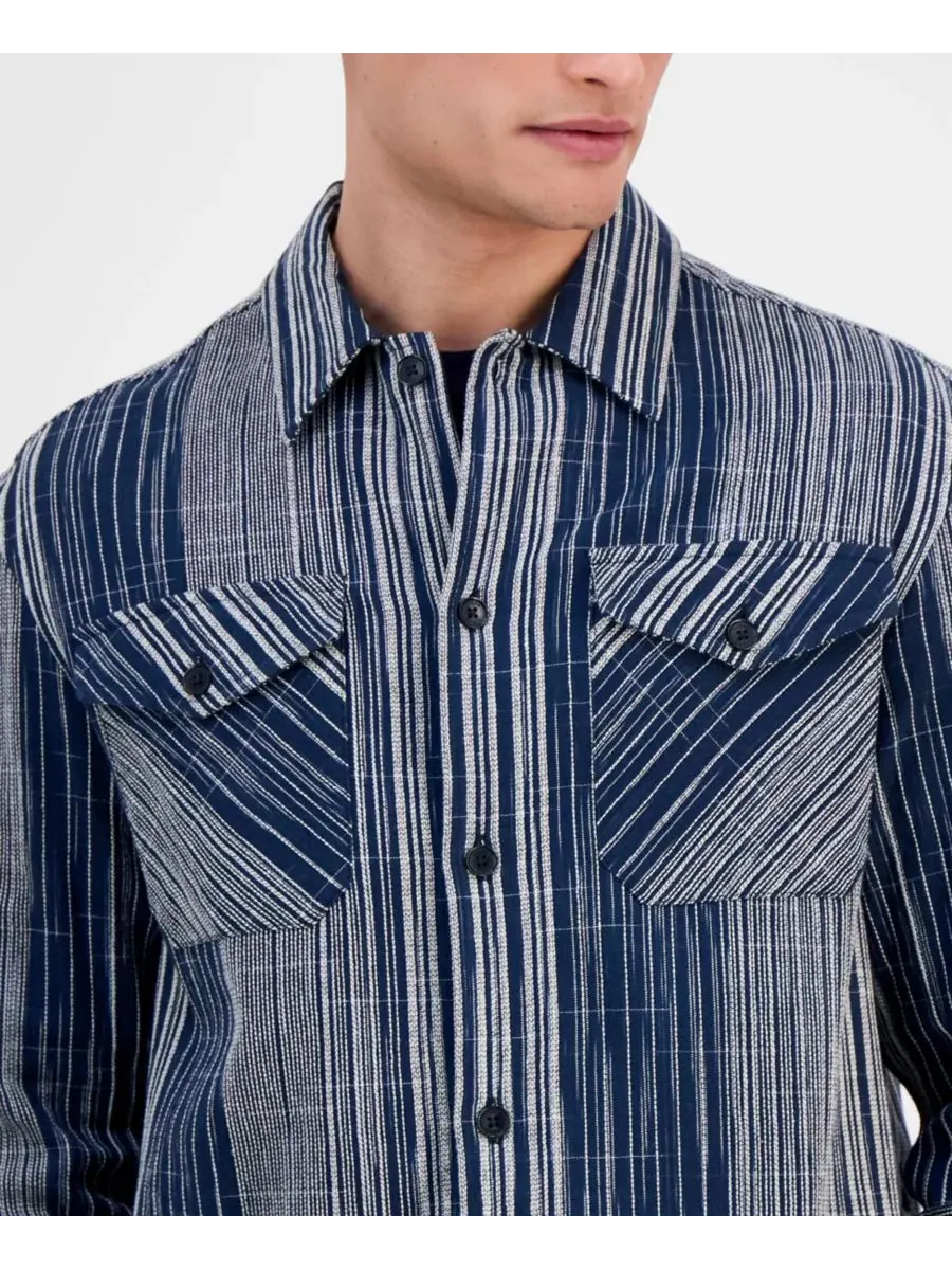 Мужская хлопковая рубашка с длинными рукавами Atlas Linear Jacquard GUESS — изображение 3 из 4, индиго мульти