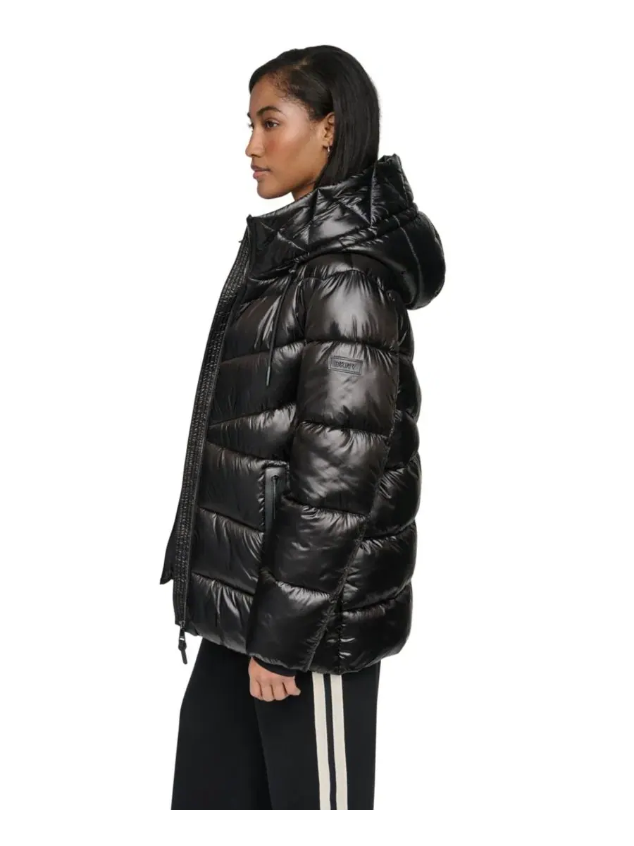 Блестящее стеганое пальто-пуховик с капюшоном Shine DKNY — изображение 3 из 10, черный