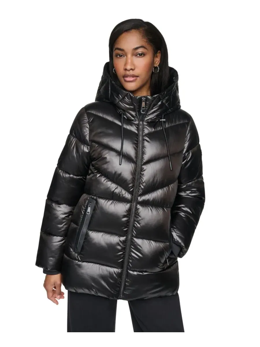 Блестящее стеганое пальто-пуховик с капюшоном Shine DKNY — изображение 9 из 10, черный