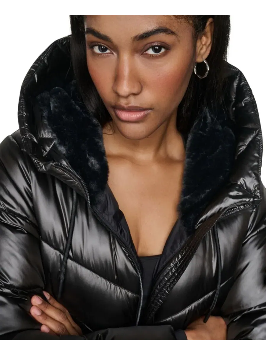 Блестящее стеганое пальто-пуховик с капюшоном Shine DKNY — изображение 10 из 10, черный