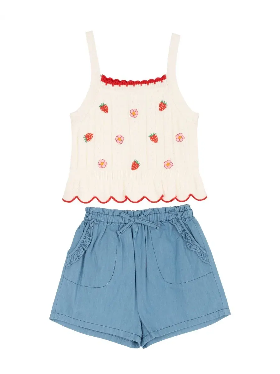 Комплект из топа и шорт с вышивкой клубники и цветов, модель Crochet Knit Tank and Chambray Shorts