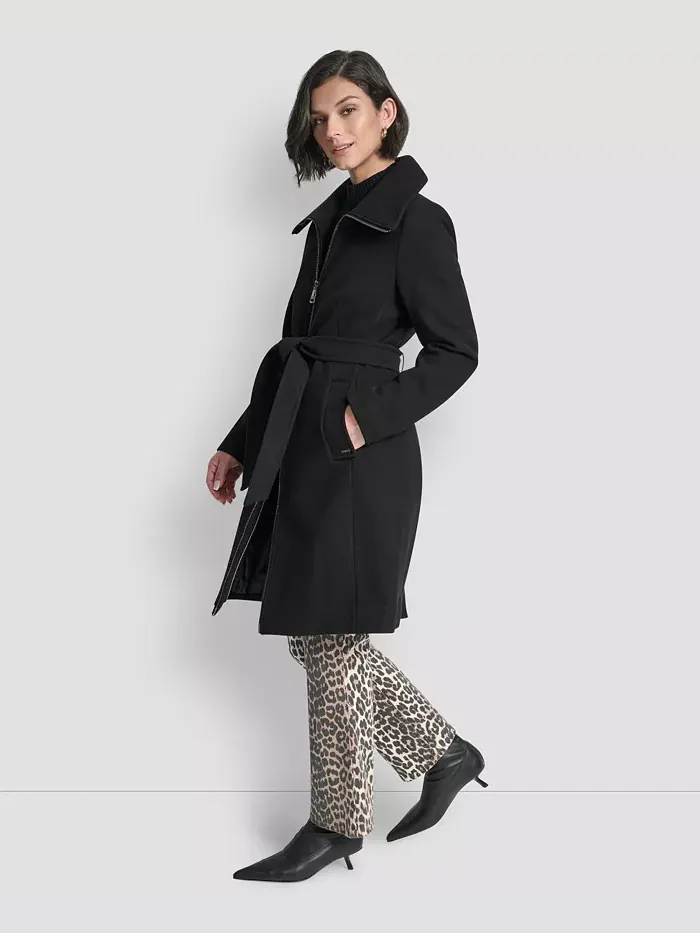 Женское пальто с воротником и поясом DKNY — изображение 2 из 8, черный