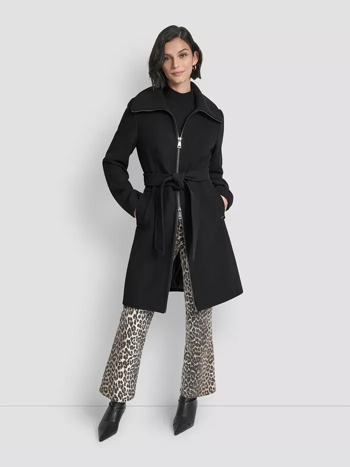 Женское пальто с воротником и поясом DKNY — изображение 4 из 8, черный