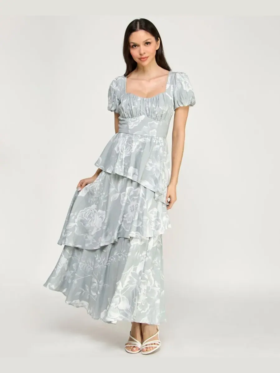Длинное платье-макси с пышными рукавами для подростков ROW A, зеленый whirl floral — изображение 4 из 10