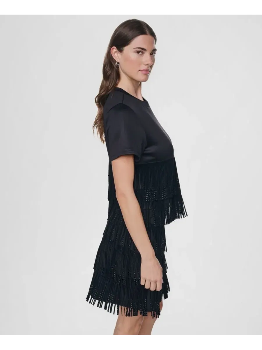 Топ с коротким рукавом с бахромой из стразов DKNY — изображение 3 из 6, черный