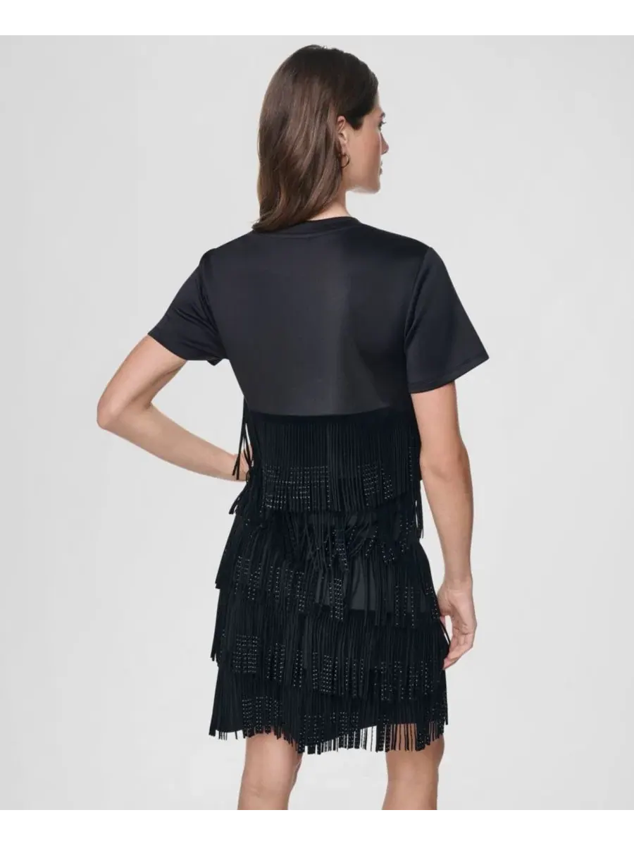 Топ с коротким рукавом с бахромой из стразов DKNY — изображение 4 из 6, черный