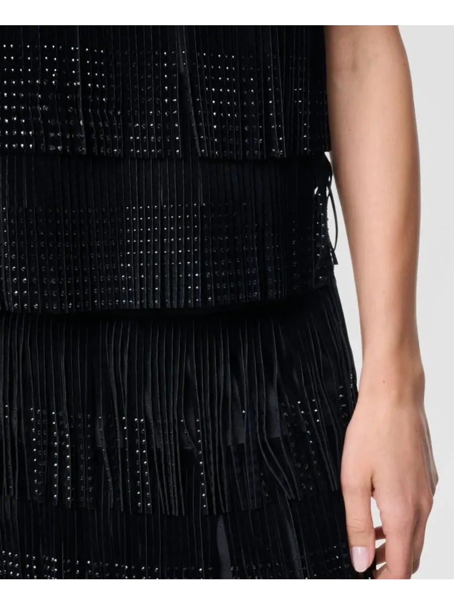 Топ с коротким рукавом с бахромой из стразов DKNY — изображение 6 из 6, черный