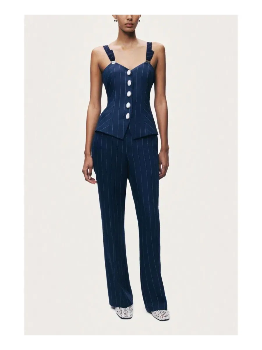 Широкие брюки с защипами, высокая посадка, из льна, модель Pinstripe Wide Leg NOCTURNE — изображение 4 из 7, темно-синий