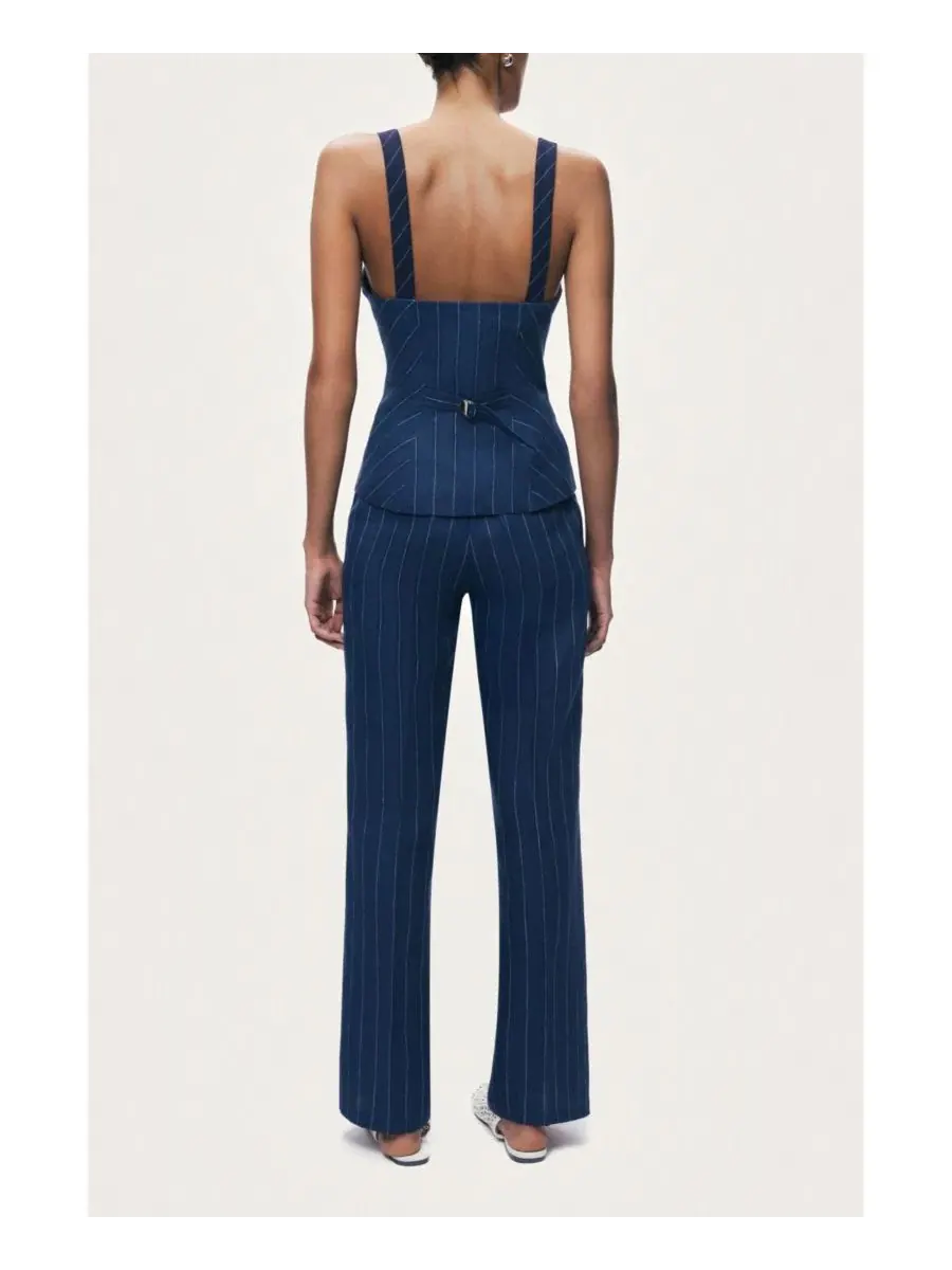 Широкие брюки с защипами, высокая посадка, из льна, модель Pinstripe Wide Leg NOCTURNE — изображение 5 из 7, темно-синий