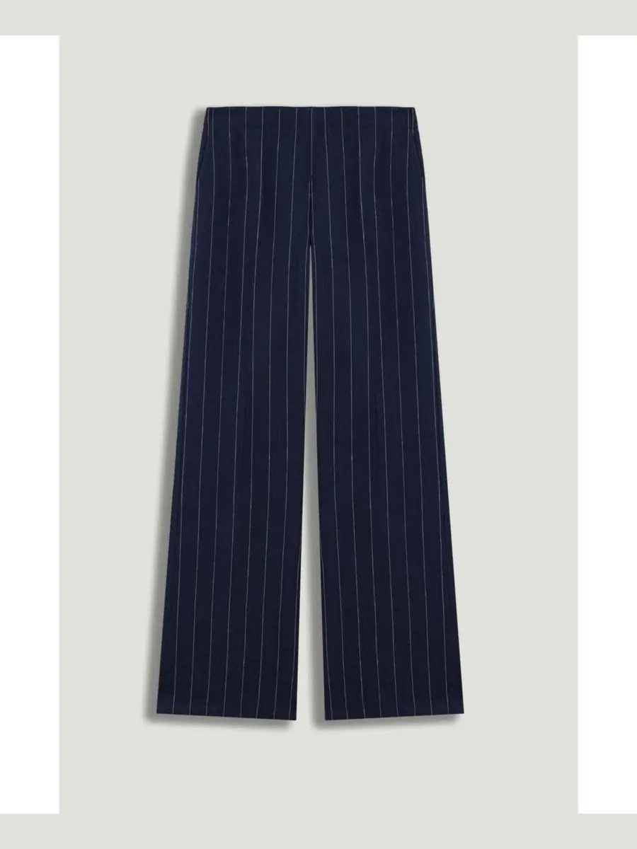 Широкие брюки с защипами, высокая посадка, из льна, модель Pinstripe Wide Leg NOCTURNE — изображение 6 из 7, темно-синий
