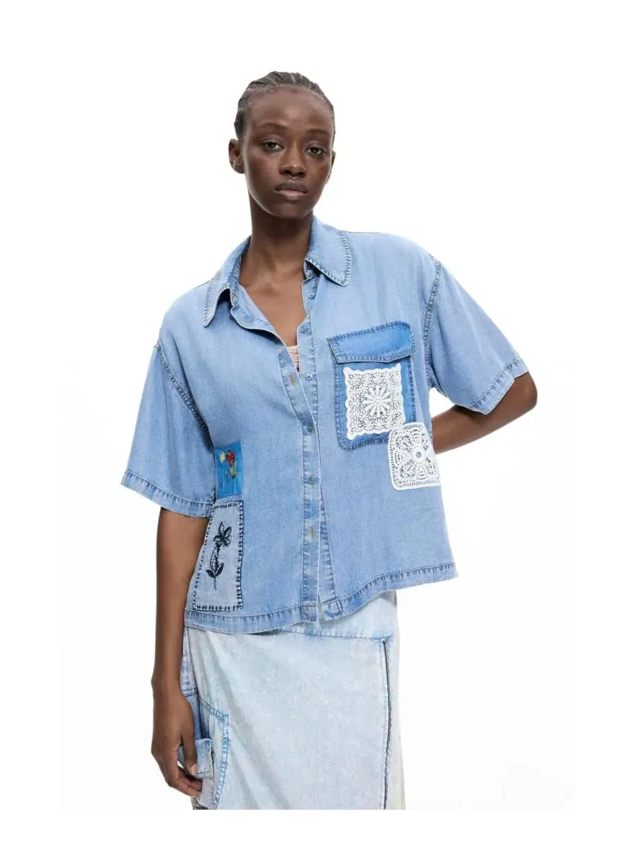 Женская рубашка с коротким рукавом из лензинга с пэчворк-дизайном Desigual