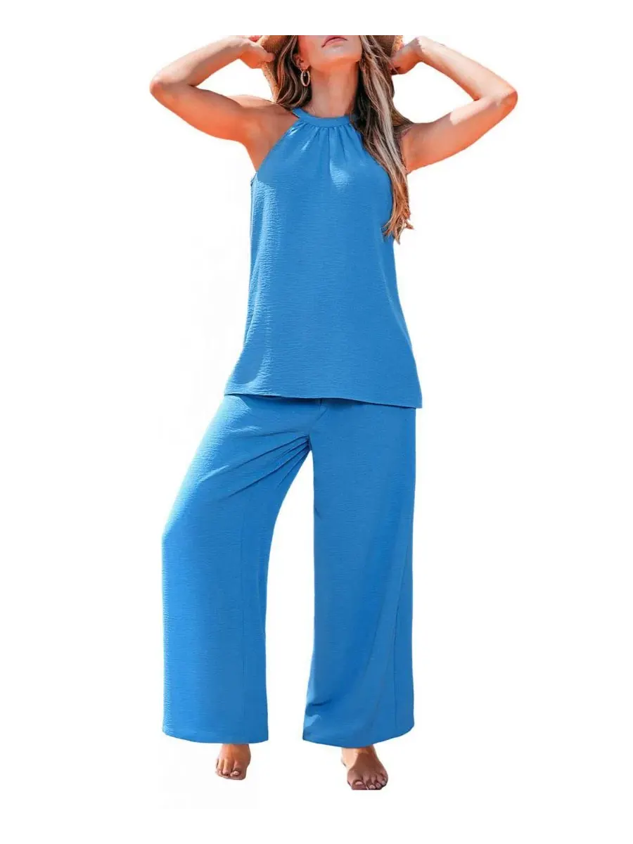 Комплект из топа и брюк с V-образным вырезом Blue Horizon Casual Resort Co-Ord Set Cupshe