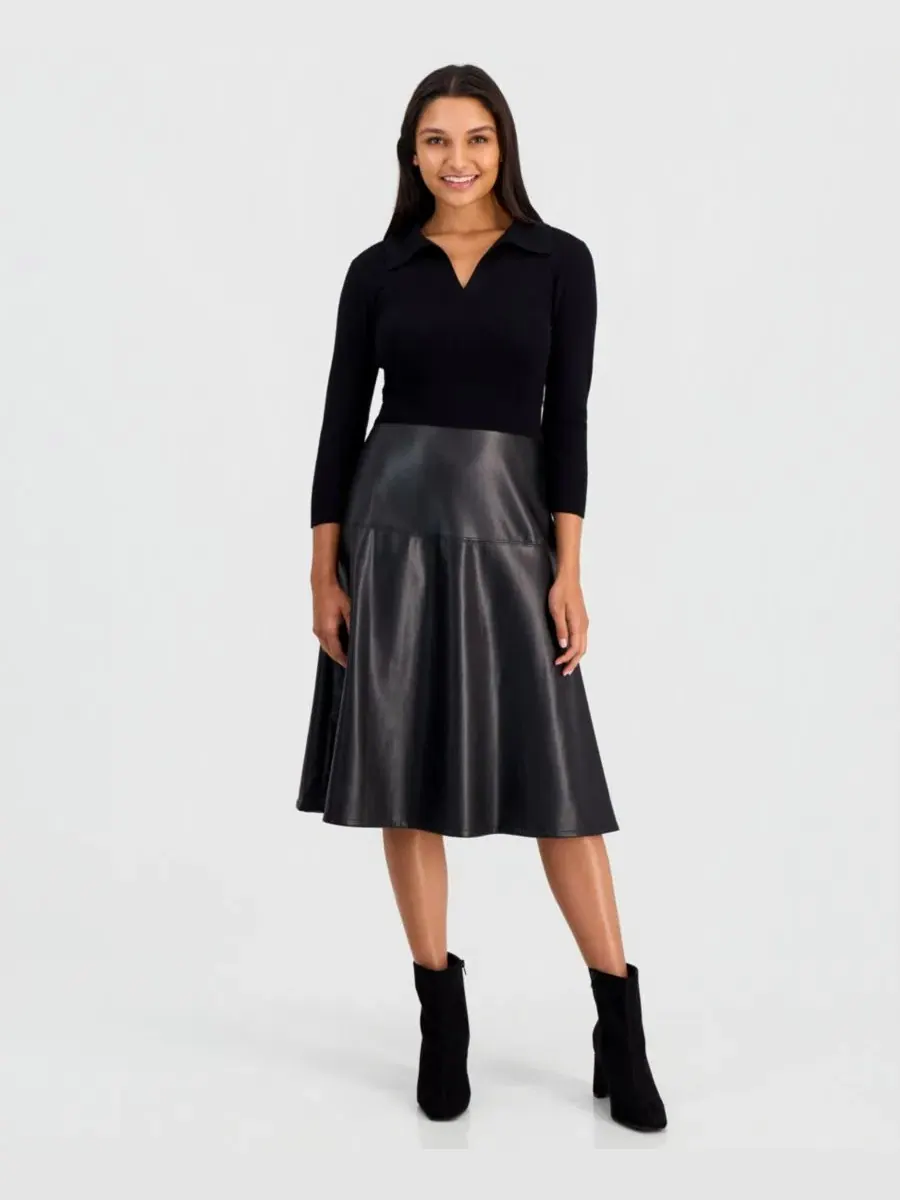Платье с faux-leather юбкой, отложным воротником и рукавами 3/4 T Tahari