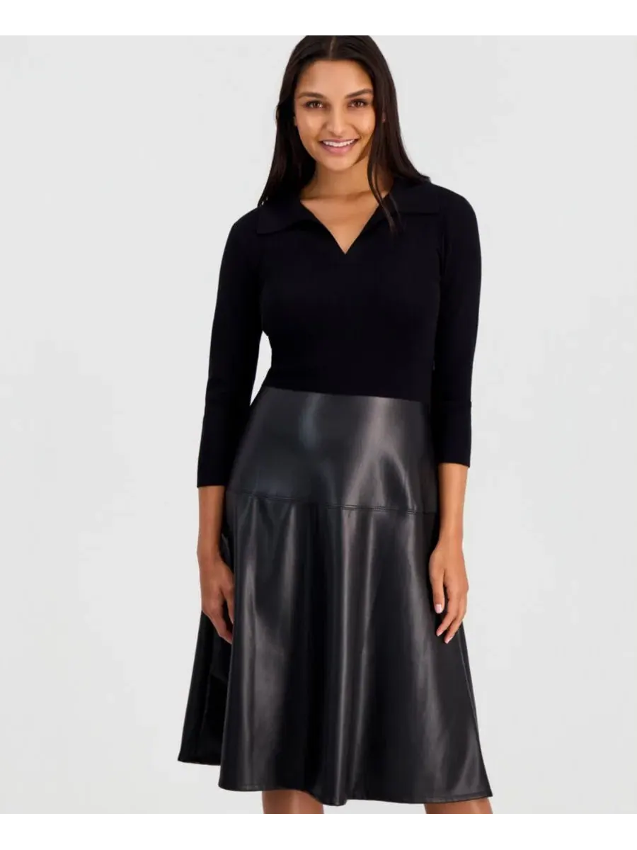 Платье с faux-leather юбкой, отложным воротником и рукавами 3/4 T Tahari — изображение 2 из 3, черный
