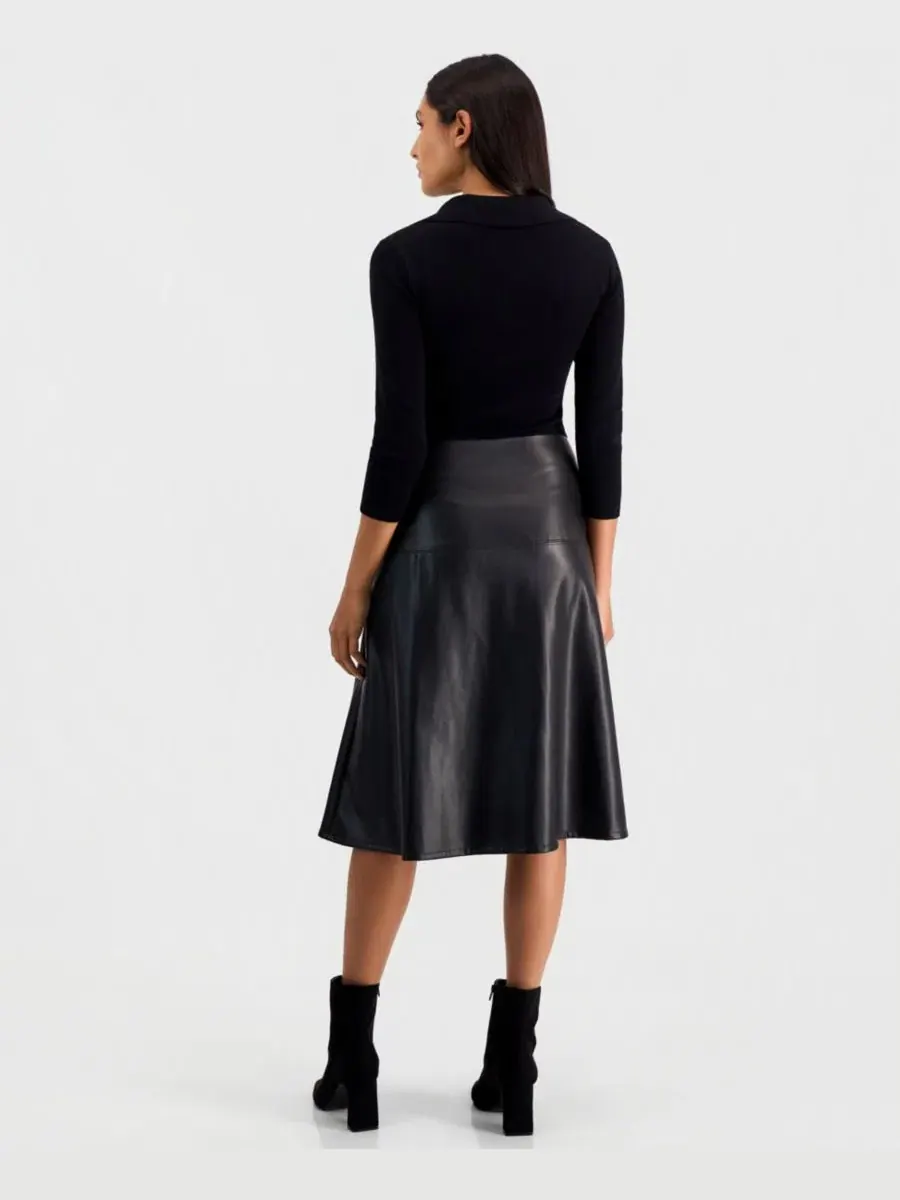 Платье с faux-leather юбкой, отложным воротником и рукавами 3/4 T Tahari — изображение 3 из 3, черный