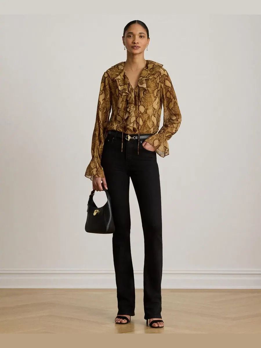 Блуза с рюшами и V-образным вырезом Lauren Ralph Lauren — изображение 3 из 6, бежевый мульти