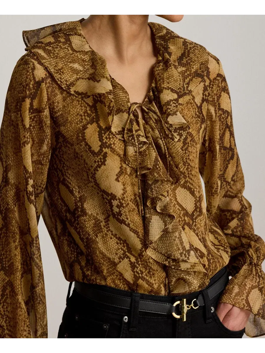 Блуза с рюшами и V-образным вырезом Lauren Ralph Lauren — изображение 4 из 6, бежевый мульти
