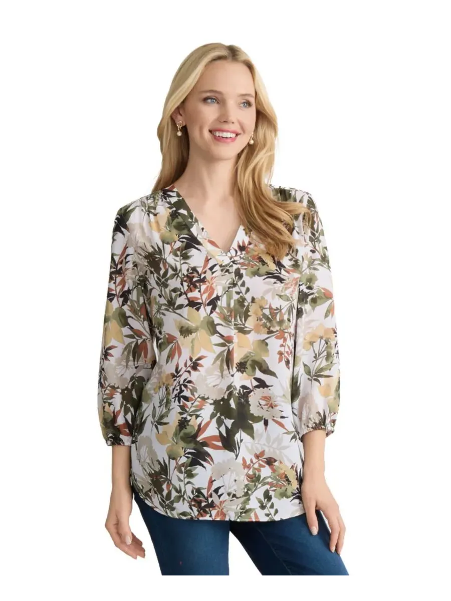 Блуза с V-образным вырезом и рукавом 3/4 Petite Floral Print Jones New York
