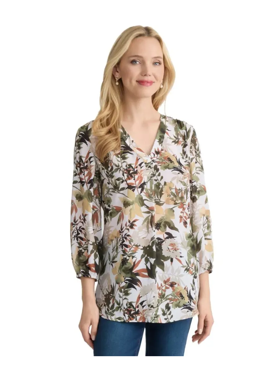 Блуза с V-образным вырезом и рукавом 3/4 Petite Floral Print Jones New York — изображение 2 из 4, белый песочный мульти