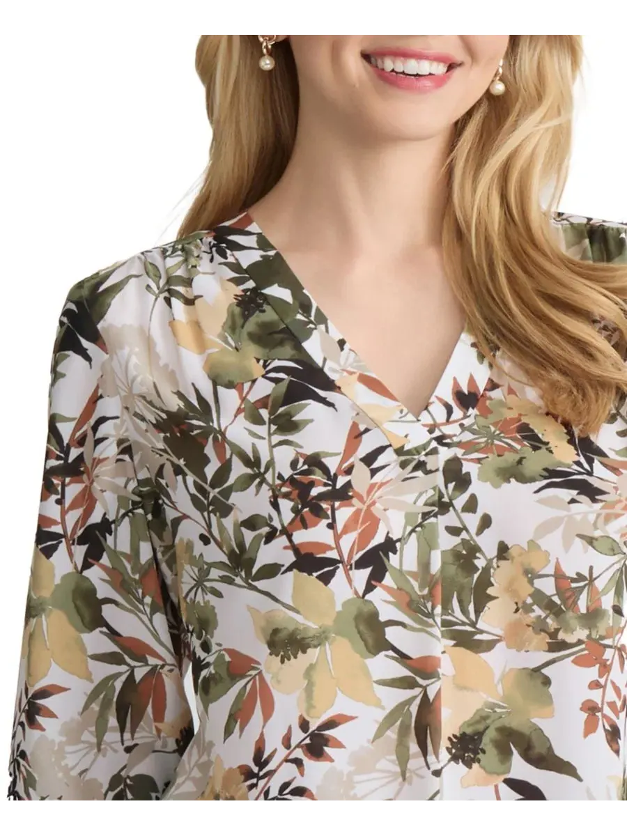 Блуза с V-образным вырезом и рукавом 3/4 Petite Floral Print Jones New York — изображение 3 из 4, белый песочный мульти