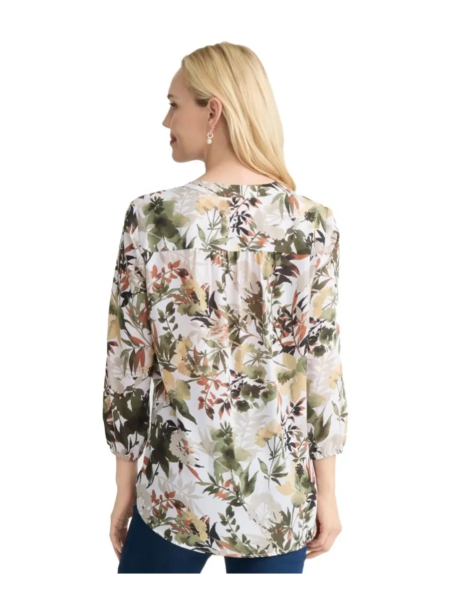 Блуза с V-образным вырезом и рукавом 3/4 Petite Floral Print Jones New York — изображение 4 из 4, белый песочный мульти