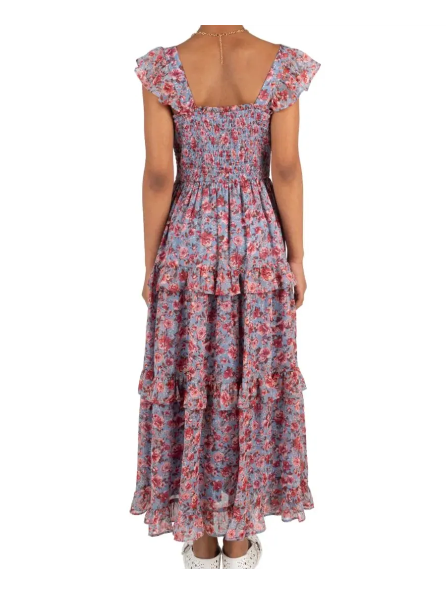 Платье-макси из шифона с люрексом и принтом Floral Lurex Chiffon Rare Editions — изображение 3 из 7, синий