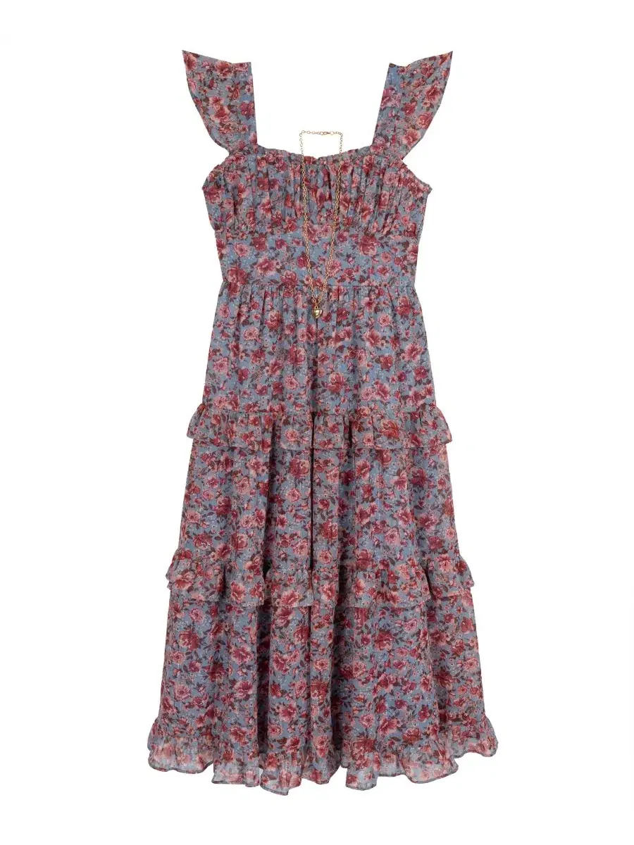 Платье-макси из шифона с люрексом и принтом Floral Lurex Chiffon Rare Editions — изображение 4 из 7, синий
