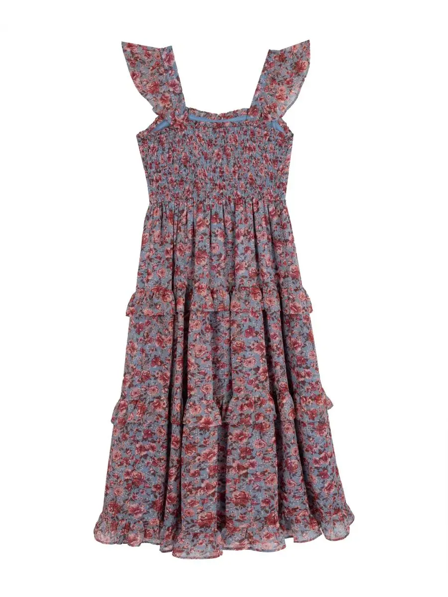 Платье-макси из шифона с люрексом и принтом Floral Lurex Chiffon Rare Editions — изображение 5 из 7, синий