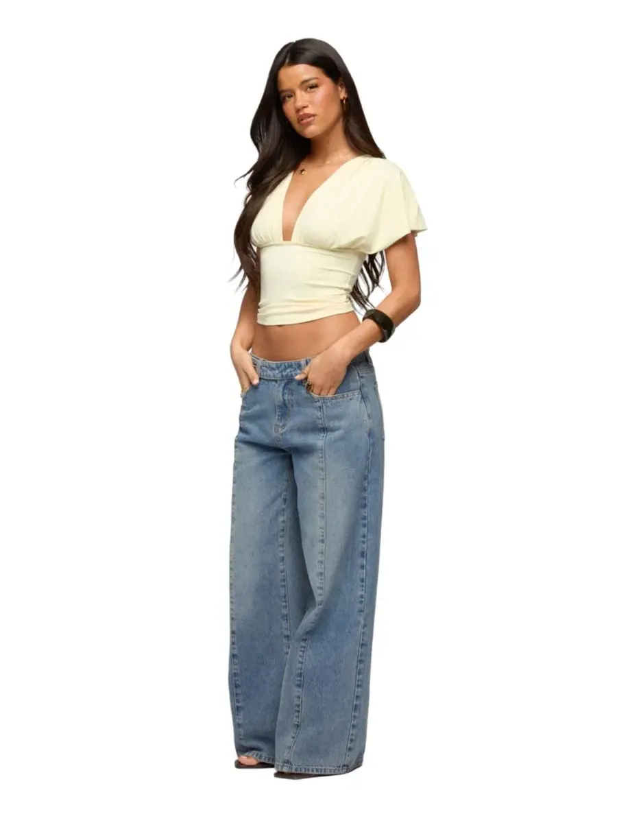 Джинсы свободного кроя с заниженной талией, на пуговицах Edikted — изображение 3 из 5, светлый-синий