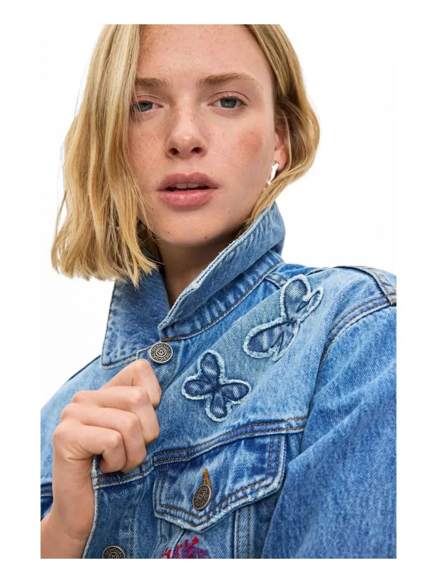 Джинсовая куртка с вышивкой бабочек и цветов Desigual — изображение 3 из 5, синий
