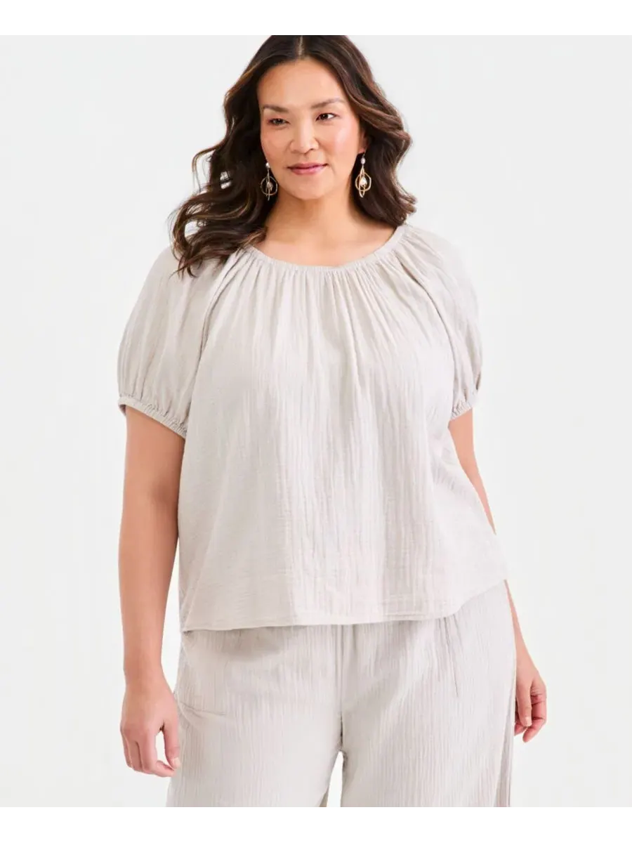 Блуза из хлопка с рукавом до локтя, модель Plus Size Cotton Gauze Scoop-Neck Puff-Sleeve Top Style