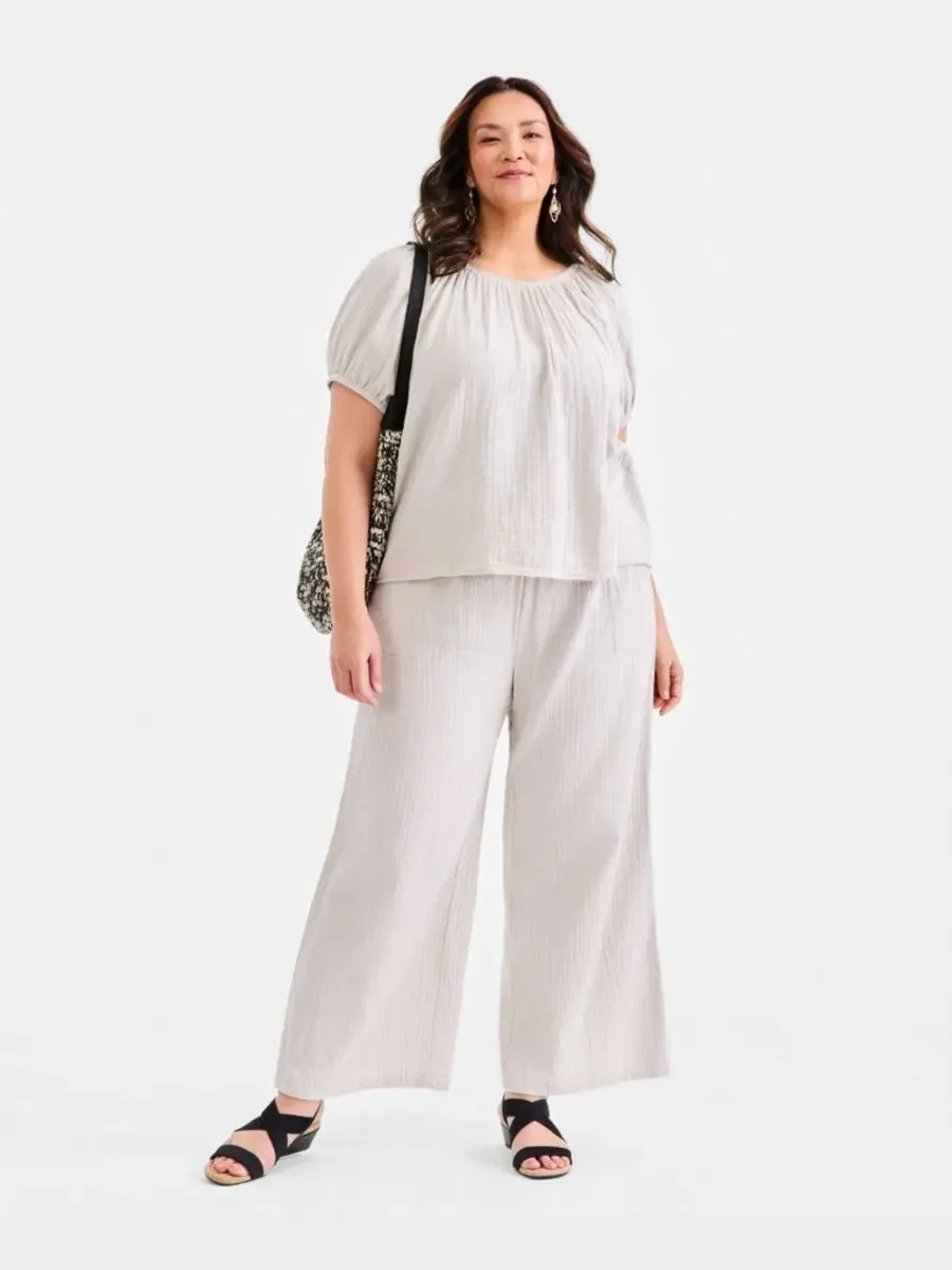 Блуза из хлопка с рукавом до локтя, модель Plus Size Cotton Gauze Scoop-Neck Puff-Sleeve Top Style — изображение 2 из 4