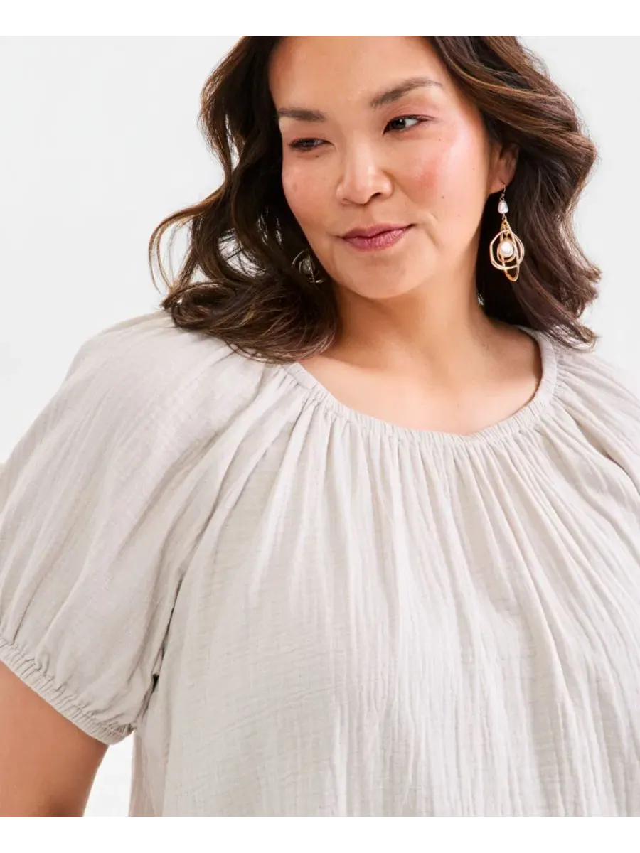 Блуза из хлопка с рукавом до локтя, модель Plus Size Cotton Gauze Scoop-Neck Puff-Sleeve Top Style — изображение 3 из 4