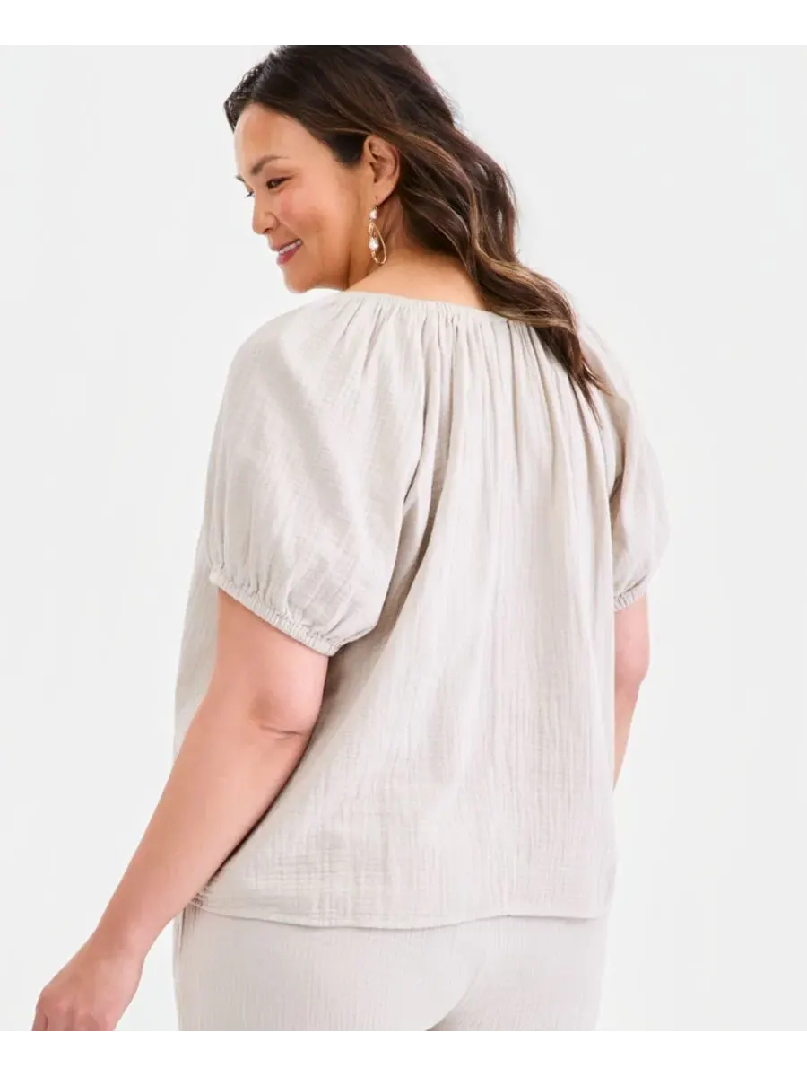 Блуза из хлопка с рукавом до локтя, модель Plus Size Cotton Gauze Scoop-Neck Puff-Sleeve Top Style — изображение 4 из 4