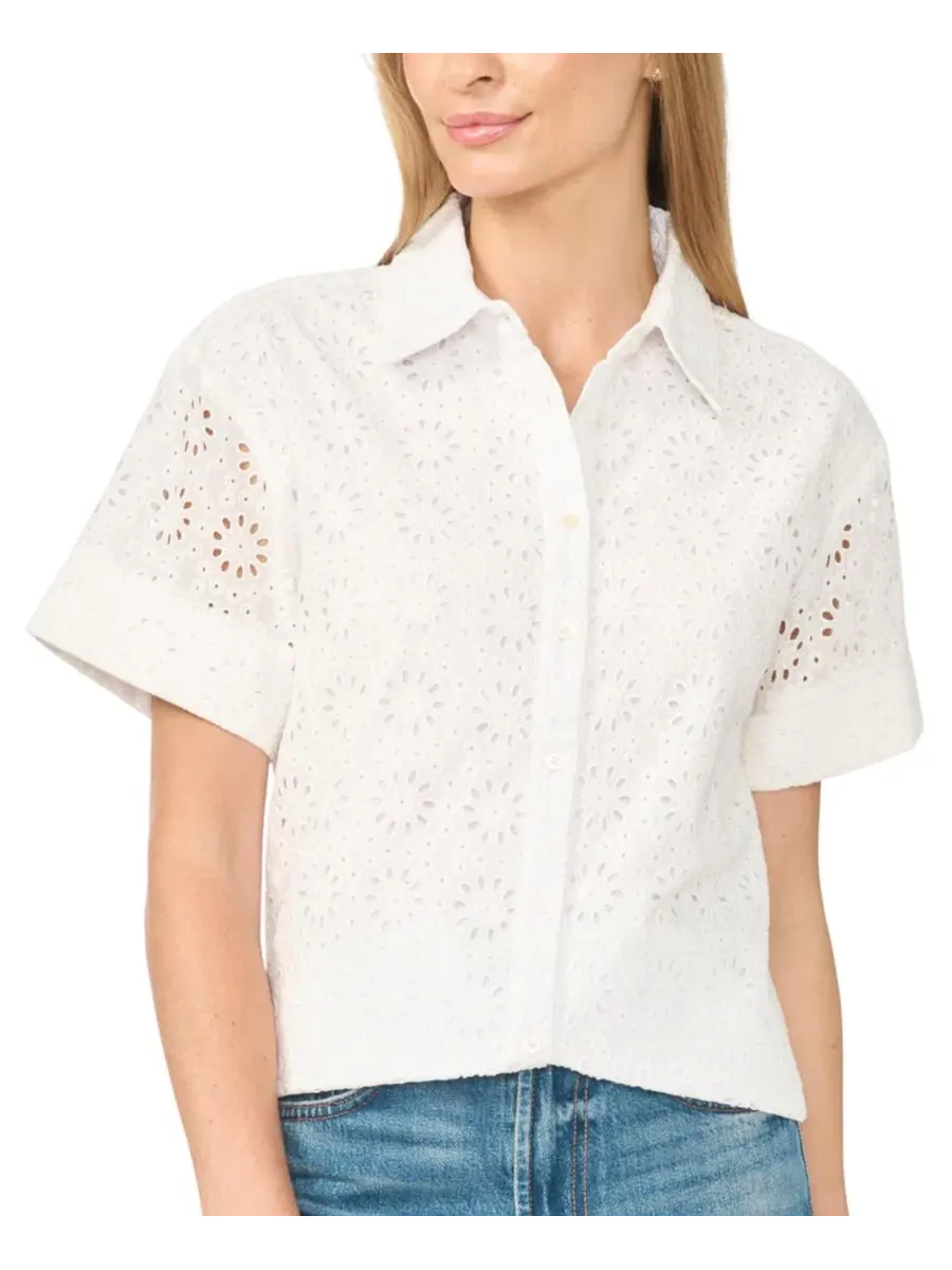 Блузка с вышивкой ажурной строчкой, с коротким рукавом, модель Eyelet Short-Sleeve Button-Down CeCe